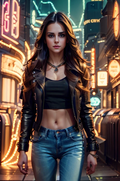 a   girl in a street, detailed face and eyes, long hair, leather jacket, jeans, with a chain, urban city background, neon lights, dynamic motion blur, cinematic lighting, vibrant colors, 8k, high resolution, photorealistic, intricate details, dramatic, cyberpunk style