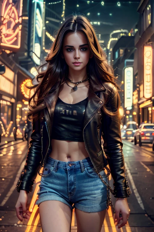 a girl in a street, detailed face and eyes, long hair, leather jacket, jeans, with a chain, urban city background, neon lights, dynamic motion blur, cinematic lighting, vibrant colors, 8k, high resolution, photorealistic, intricate details, dramatic, cyberpunk style