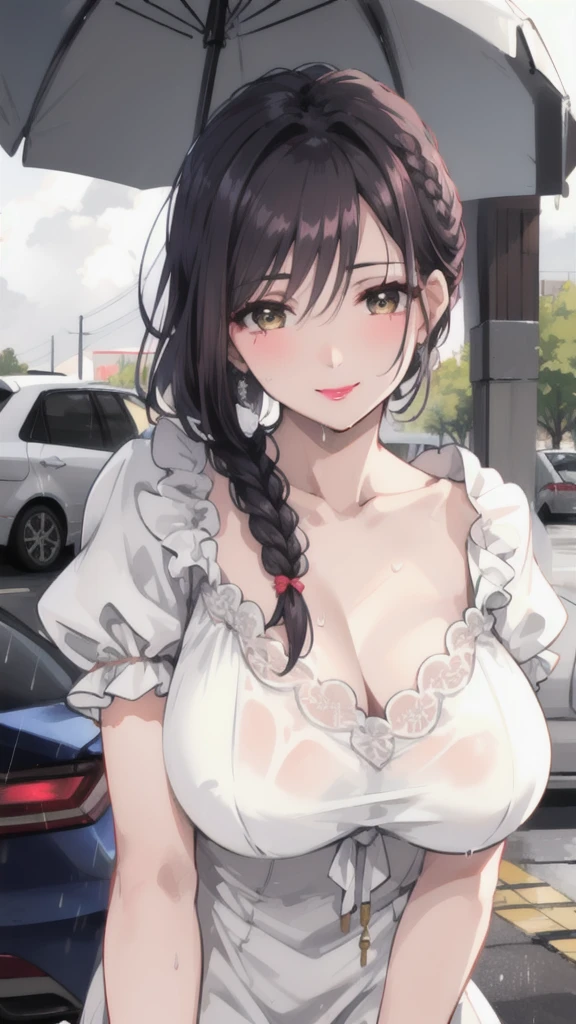 Married Woman,Mature,Sexy,beauty,side braid,Black Hair,The face is detailed,lipstick,Face red,rain,Soaked all over,White dress,Revealing,cloudy day,PARKING LOT,Smile