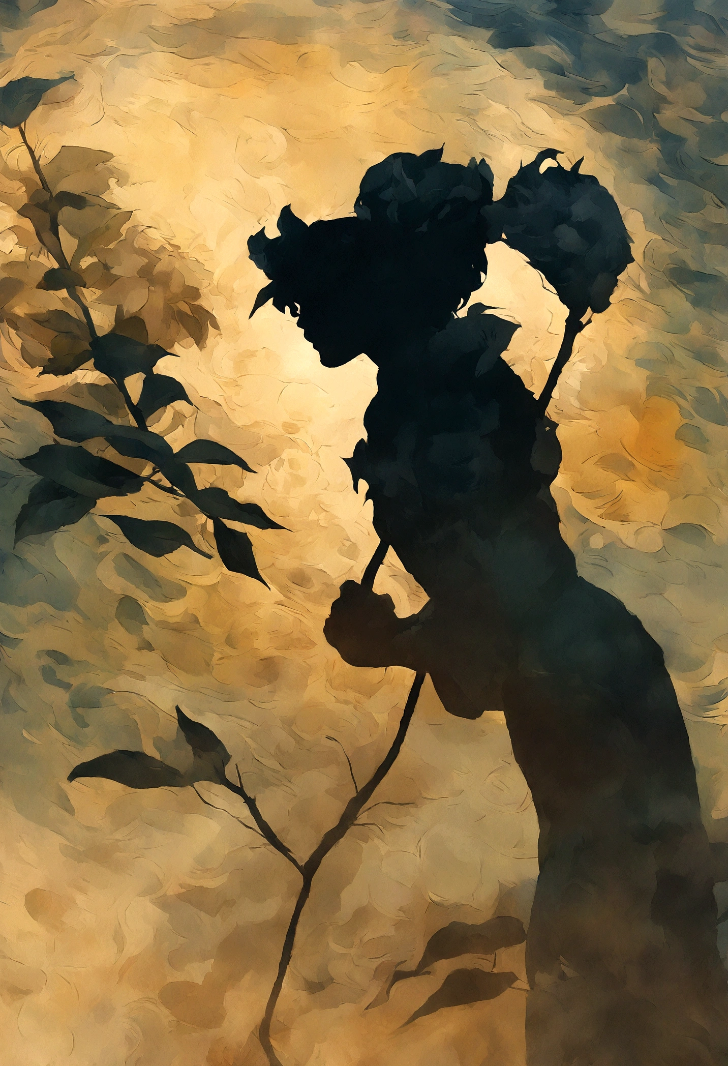 van gogh painting style, Post-Impressionism, illustration fighting, roster, silhouette, oil painting, vintage color, graffiti Art,ink splatter,Wild and unrestrained,isual impact, Elegant and simple, ornament nature leaf on side, white background