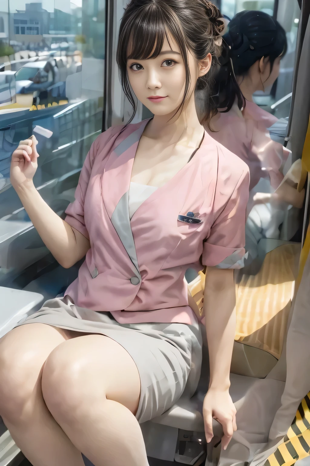 (masterpiece:1.2, highest quality:1.2), 32K HDR, High resolution, (alone、1 girl)、（On the rooftop of a building in the daytime、Professional Lighting）、Building rooftop background、（Nankai train crew uniform pinkを着たリアルスタイル）、（Nankai train crew uniform pink short sleeve collarless pink jacket、Nankai Train Crew Uniform Pink Collarless Short Sleeve Blouse、Nankai Train Crew Uniform Pink Grey Knee-length Culottes）、Dark brown hair、（Hair tied up、Hair Bun、Hair Bun）、Dark brown hair、Long Shot、Big Breasts、Thin legs、（（Great hands：2.0）），（（Harmonious body proportions：1.5）），（（Normal limbs：2.0）），（（Normal finger：2.0）），（（Delicate eyes：2.0）），（（Normal eyes：2.0））)、smile、（Nankai Train Crew Uniform Pink Grey Knee-length Culottesを見せた美しい歩く姿）、