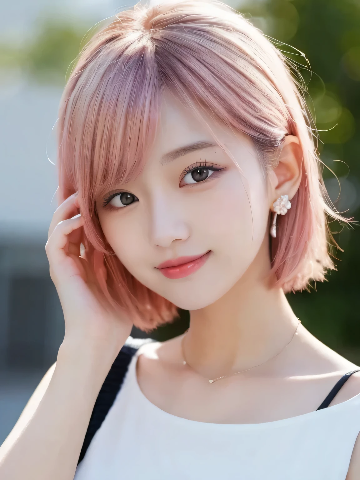 Tabletop,profile、 highest quality, figure, Super detailed, In detail,Sharp focus 、High resolution, In 8K,wallpaper, Perfect dynamic composition, Beautiful Eyes, White tank top dress,Short Bob Hair、Brown Hair、Pink Hair Color,Big Natural Color Lip,A refreshing smile,Harajuku、20-year-old girl、cute、White background、High resolution、masterpiece