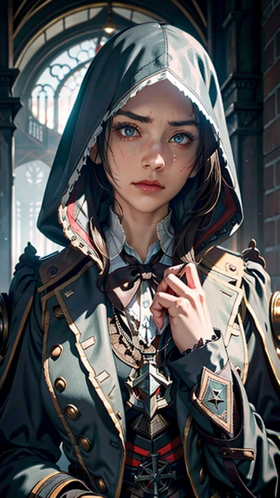 Create an Assassin’s Creed Concept Art piece inspired by the victorian london era and by assassin's creed syndiacte.Crafted in the style of ultra-realistic visuals with meticulous attention to detail. Portray Evie from assassin's creed syndicate from victorian london adorned in a worn Victorian steampunk uniform, her face obscured by a pointed hood. Set the scene amidst the haunting aftermath of a battlefield, showcasing the devastation and destruction left in the wake of war. Emphasize the realism and intricacy of the environment, capturing the gritty textures, shattered structures, and somber atmosphere in stunning 16K resolution. Close up photos,bust up photos