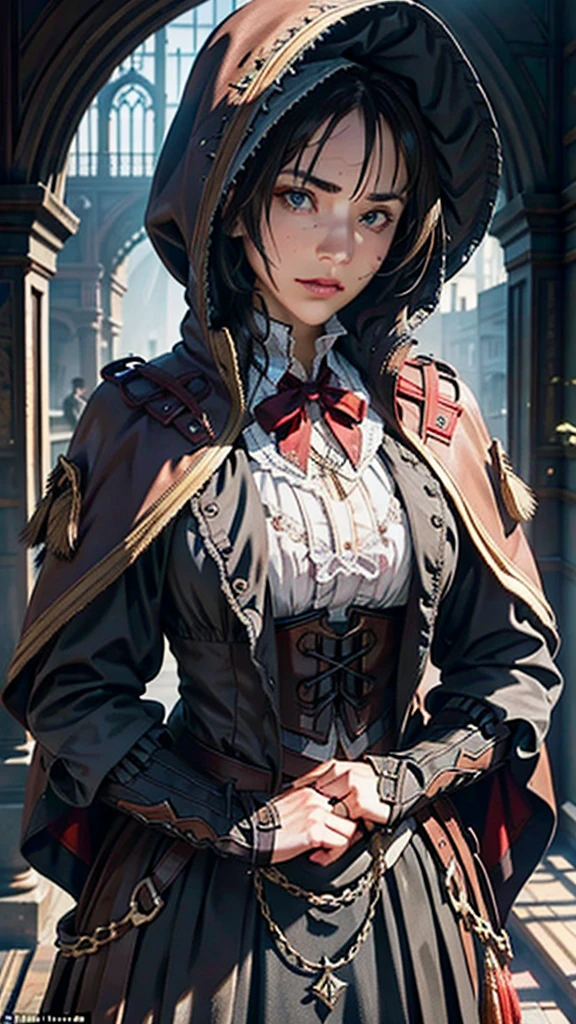 Create an Assassin’s Creed Concept Art piece inspired by the victorian london era and by assassin's creed syndiacte.Crafted in the style of ultra-realistic visuals with meticulous attention to detail. Portray Evie from assassin's creed syndicate from victorian london adorned in a worn Victorian steampunk uniform, her face obscured by a pointed hood. Set the scene amidst the haunting aftermath of a battlefield, showcasing the devastation and destruction left in the wake of war. Emphasize the realism and intricacy of the environment, capturing the gritty textures, shattered structures, and somber atmosphere in stunning 16K resolution. Close up photos,bust up photos