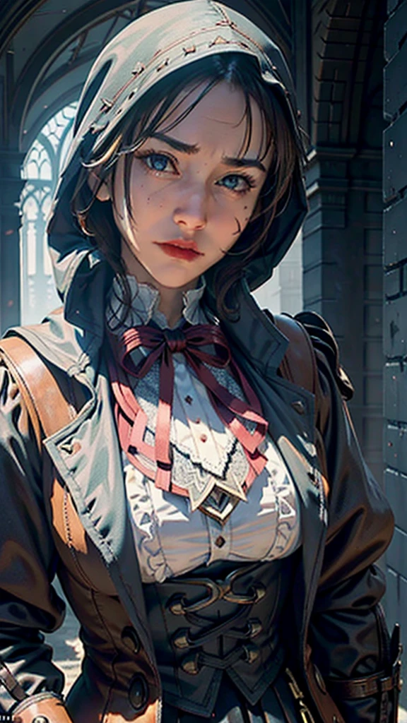 Create an Assassin’s Creed Concept Art piece inspired by the victorian london era and by assassin's creed syndiacte.Crafted in the style of ultra-realistic visuals with meticulous attention to detail. Portray Evie from assassin's creed syndicate from victorian london adorned in a worn Victorian steampunk uniform, her face obscured by a pointed hood. Set the scene amidst the haunting aftermath of a battlefield, showcasing the devastation and destruction left in the wake of war. Emphasize the realism and intricacy of the environment, capturing the gritty textures, shattered structures, and somber atmosphere in stunning 16K resolution. Close up photos,bust up photos