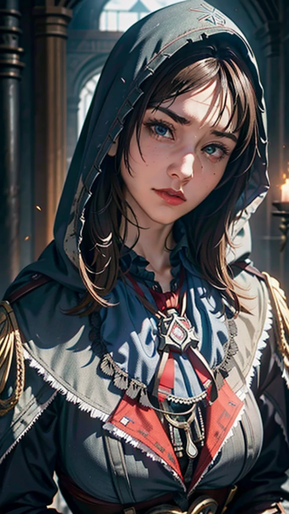 Create an Assassin’s Creed Concept Art piece inspired by the victorian london era and by assassin's creed syndiacte.Crafted in the style of ultra-realistic visuals with meticulous attention to detail. Portray Evie from assassin's creed syndicate from victorian london adorned in a worn Victorian steampunk uniform, her face obscured by a pointed hood. Set the scene amidst the haunting aftermath of a battlefield, showcasing the devastation and destruction left in the wake of war. Emphasize the realism and intricacy of the environment, capturing the gritty textures, shattered structures, and somber atmosphere in stunning 16K resolution. Close up photos,bust up photos