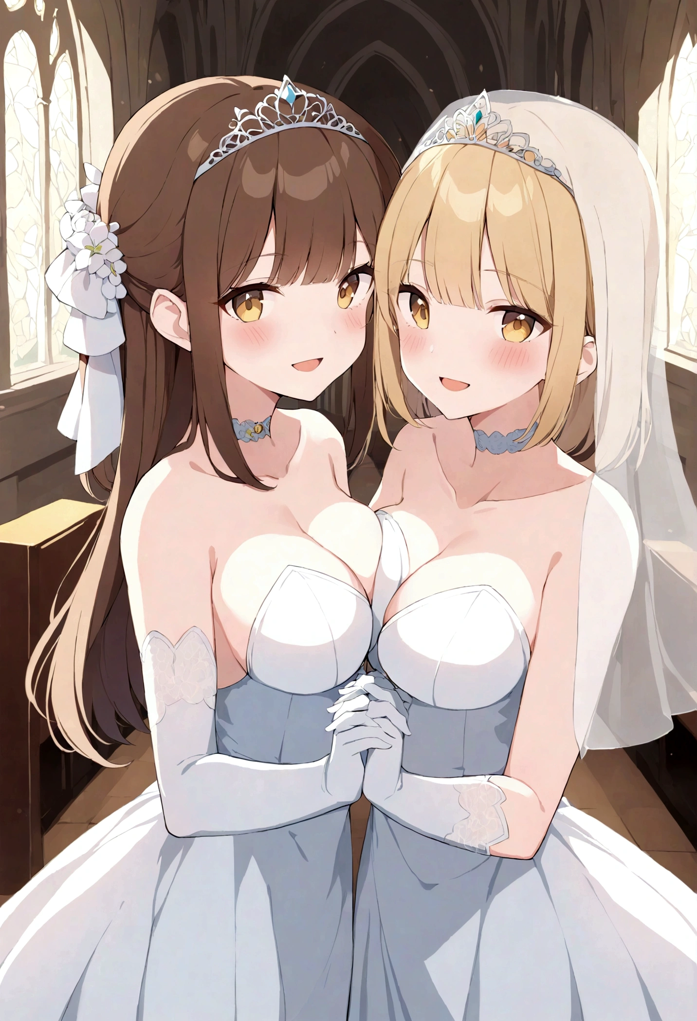 2girls, multiple_girls, veil, dress, gloves, rating:safe, blonde_hair, breasts, white_gloves, elbow_gloves, open_mouth, bridal_veil, strapless, wedding_dress, blush, brown_eyes, yuri, bare_shoulders, ponytail, holding_hands, medium_breasts, looking_at_viewer, bangs, long_hair, white_dress, strapless_dress, cleavage, yellow_eyes, eyebrows_visible_through_hair, indoors, scrunchie, sidelocks, choker, blunt_bangs, asymmetrical_docking, smile, breast_press, hand_on_another's_hip, interlocked_fingers, tiara, standing, wife_and_wife, cowboy_shot, hair_ornament, brown_hair, symmetrical_docking, sleeveless_dress, short_hair, between_breasts, see-through, church, sleeveless, collarbone
