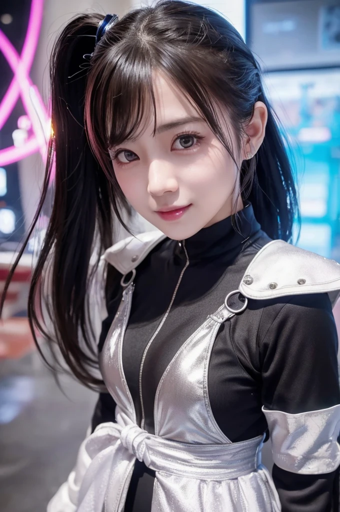 highest quality、8k Masterpiece、超A high resolution、(Photorealistic:1.3)、RAW Photos、1 girl、Black hair in a ponytail、Glowing Skin、1. Super-beautiful Cyberpunk Soldiers、((Ultra-Realistic Details))、Portrait、Global Illumination、Shadow、Octane Rendering、8k、Super sharp、Beautiful breastetal、Cold colors、、Very intricate details、Realistic Light、CGSoation Trend、Beautiful Eyes、Shining Eyes、To the camera、Neon Details、16age、Long hair fluttering in the wind、Obscene、wide shot、full body、Silver charm on the ankle、smile、Young body shape、Futuristic maid outfit、Cosplay、sexy、Moe、very cute、cute、pure、virgin、love、Idol、shocking pink