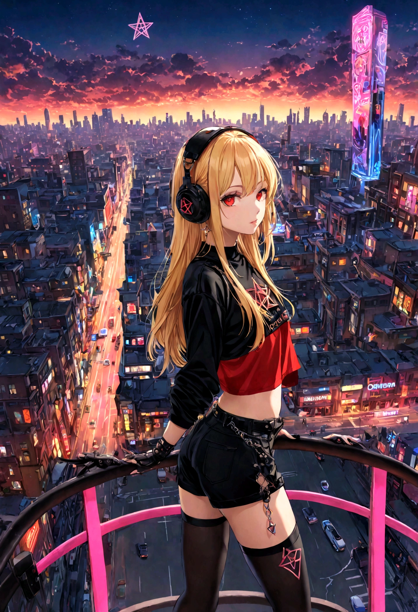 (loona:1.2), half human, futuristic girl with guns and helmet on big city avenue, golden blonde hair, (flying cars), (loonacroptop, loonashorts, crop top, shirt, topwear, shorts,crop top , bottomwear, pentagram:1.2), stockings, legwear, fingerless gloves, ear piercing, ear ring, eyebrow piercing, eyebrow ring, (red eyes:1.5), (full-body-shot:1.2),(Cowboy-shot:1.2), neon lighting, dark romantic lighting, (highly detailed:1.2),(detailed face:1.2), (gradients), colorful, detailed eyes, (detailed landscape:1.2), (natural lighting:1.2),(detailed background), detailed landscape, (glamour pose:1.2), solo,