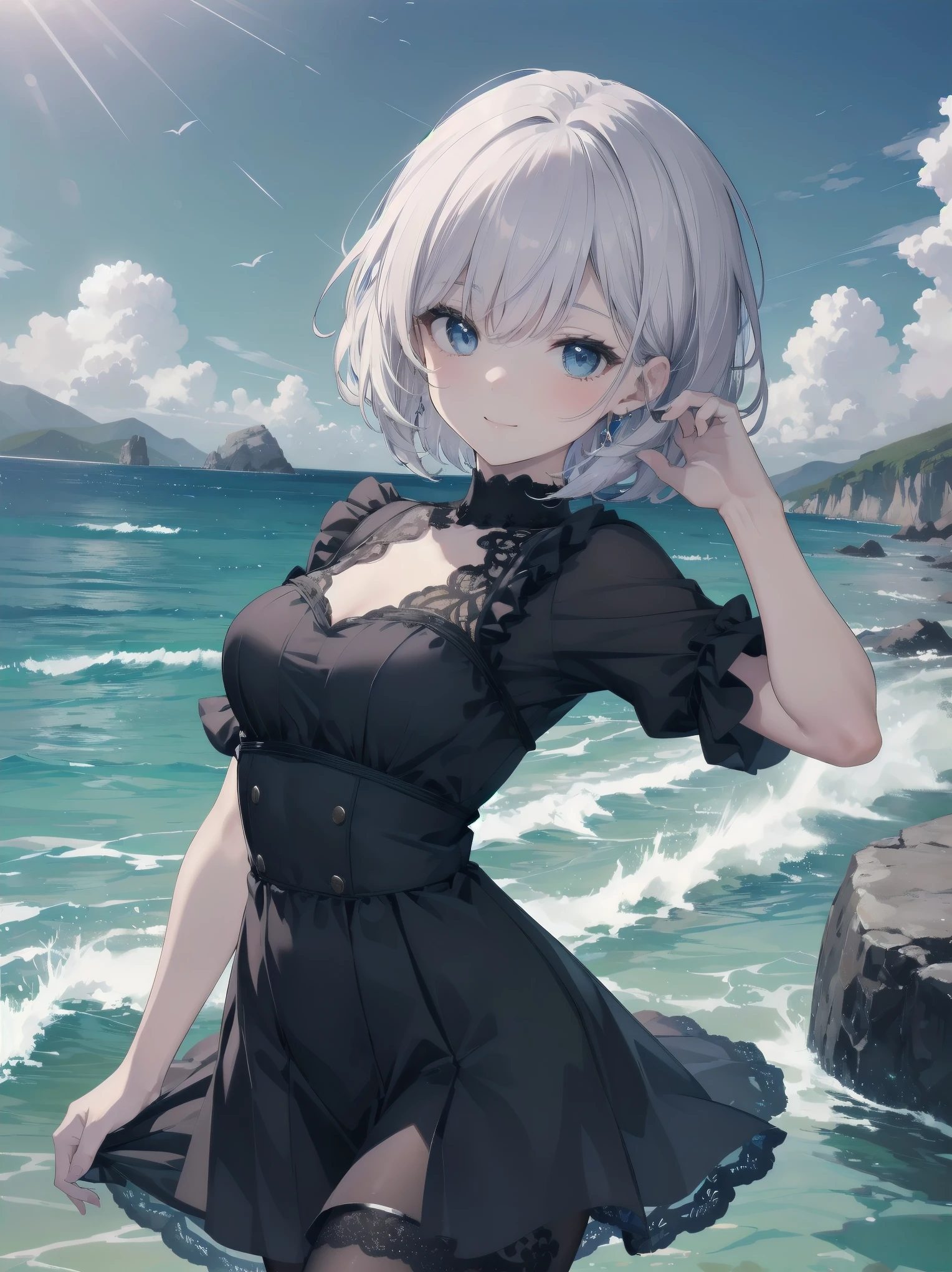 Masterpiece, high quality, high resolution, semi-realistic, 2.5D, perfect anatomy, super-detailed and detailed illustrations, sfw,
Subject: {A naive boldly splashing about by the water}
Subtitle: {short bob with blue eyes}{black lace dress in gothic fashion}{splashing and bouncing}{rocky beach by the sea}{innocent smile}{digital SLR camera, f/2.8, 1/1000 sec, ISO 200, sharpness enhanced}
A girl with a short bob and shining blue eyes is innocently playing on a rocky beach by the sea. She is wearing a black lace dress in gothic fashion, splashing and bouncing about energetically. Her innocent smile sparkles and you can see she is having fun. The expansive sea and blue sky in the background further enhance the beauty of nature. Shot with a digital SLR camera at f/2.8 aperture, shutter speed 1/1000 s and ISO 200, the sharpness enhancement captures her movements clearly. The way the waves crashing on the rocks reflect the light and sparkle is beautiful. Her pose and facial expressions are refined in this image, which resembles a photogravure shoot for a fashion magazine.
