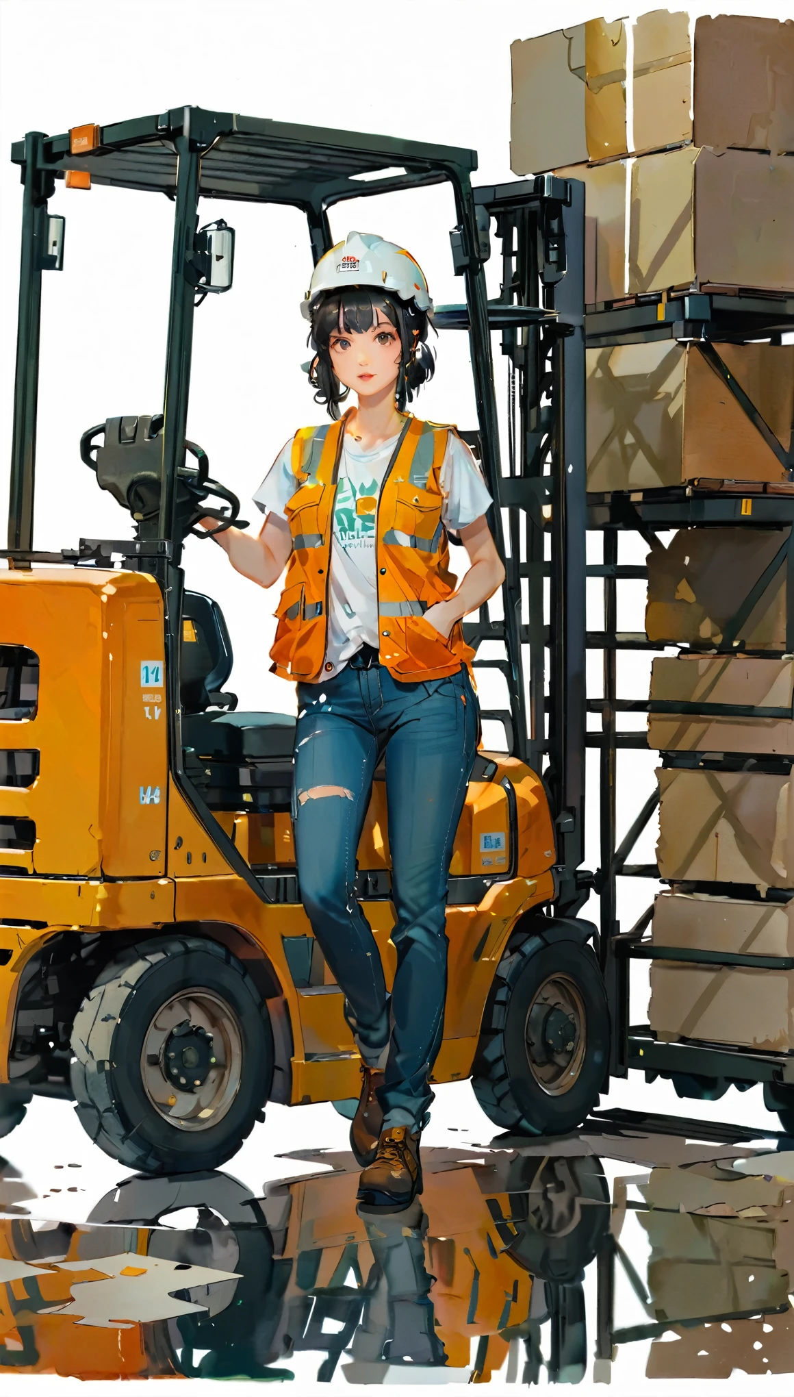 (((paper cutting style))), 1 girl, black hair, short hair, portfolio, T-shirt, denim, safety vest, forklift, helmet