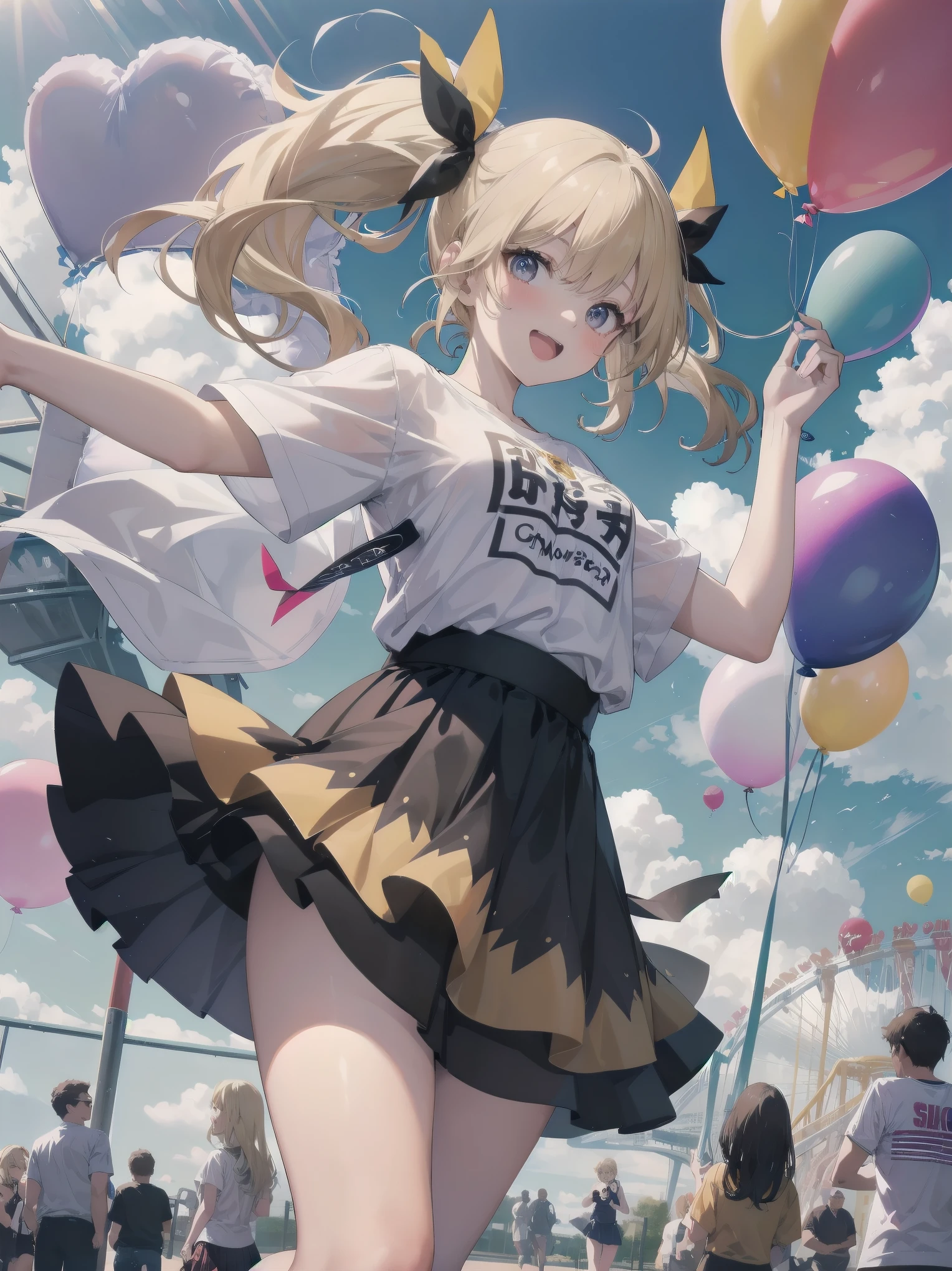 Subject: {A naive girl is boldly flouncing around
Subtitle: {blonde twin-tail}{colourful skirt and white T-shirt}{chasing balloons at an amusement park}{lively attraction}{laugh-out-loud expression}{mirrorless camera, f/2.0, 1/1000 sec, ISO 200, catches moments of movement}
A young girl with striking blonde twin-tail hair is chasing balloons at an amusement park. She is wearing a colourful skirt and a white T-shirt and is running around happily. Her expression of great laughter conveys her innocent joy. The busy attractions in the background give the amusement park a lively atmosphere. Shot with a mirrorless camera with an aperture of f/2.0, a shutter speed of 1/1000 s and ISO 200, it captures the moment of movement beautifully. The balloons soaring into the sky and her lively movements are beautifully portrayed, almost like a fashion magazine photogravure.