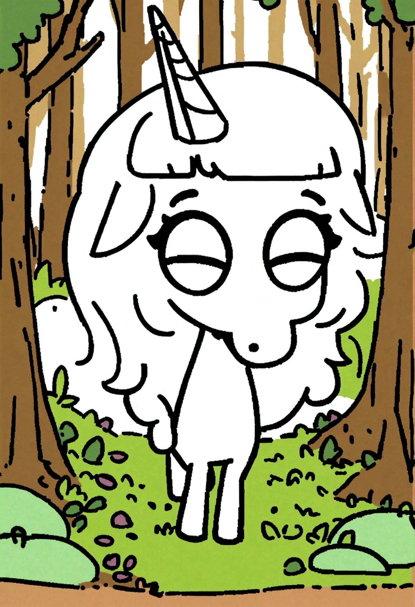cute unicorn standing in the wood with big eyes. only use outline. clean line thin art, sketch style, cartoon style, vector, high quality black and white art coloring page for ???