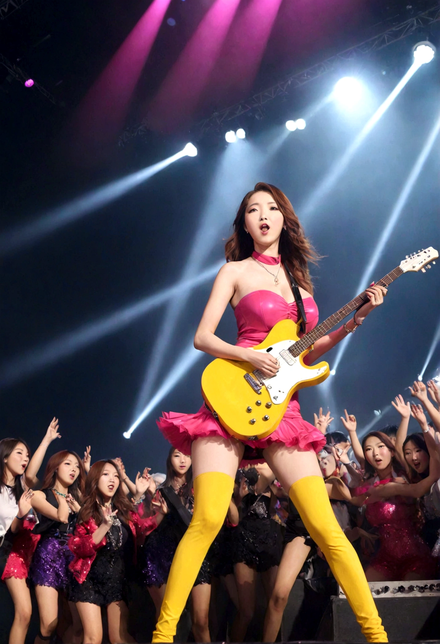 A glamorous woman (exciting flashy outfit), matching guitar, is performing in a crowded Kpop concert, lively performance, power ballad
