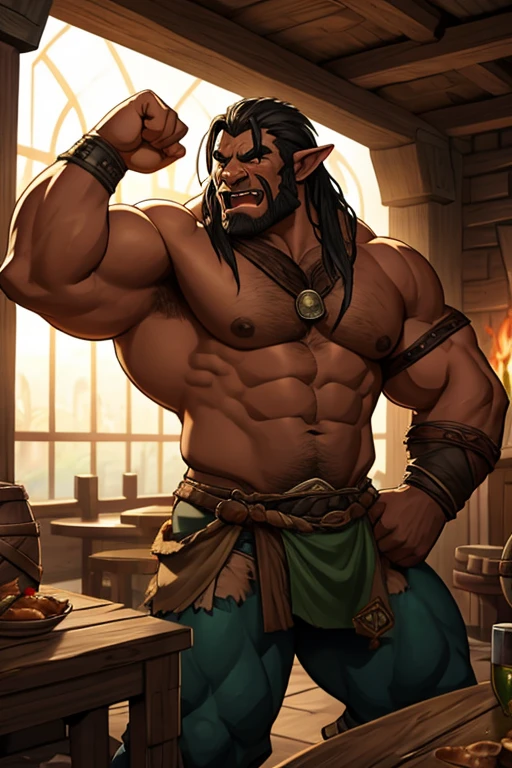 Drunk dazed men drinking tankards of ale in a medieval tavern grow out of their clothes and turn into Orcs as an Orc bard plays a hypnotic beat on his drum. Human face. Big biceps. Big triceps. Big traps. Broad shoulders. Thick meaty pecs. Swollen glutes. Hyper muscle. Slumped shoulders. Dazed drunk expression. tusks. Skin turning green in patches. warband. Warrior. loin cloth. torn clothes. Human to orc. transformation conversion. Assimilation. "I ... I want to ... Me want FIGHT!" Flexing muscles. Wrestling. Broken tables. Tavern brawl. Barbarian. Thug. Hyper crotch bulge. Big bulging crotch. crass. Fight. Brawl. Warrior. Barbarian. Bahgtru.
