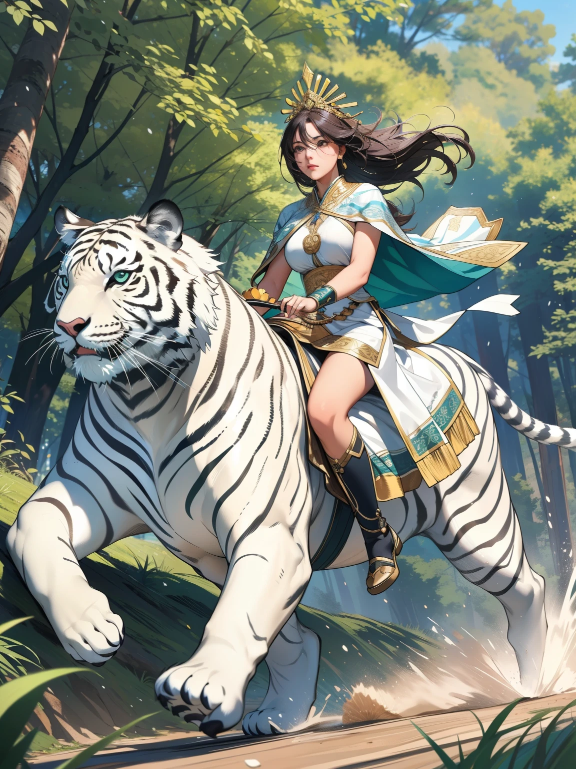 professional, High-quality photos, 4K resolution, Photography-Portrait-Real Style,Girl in flowing ancient costume,Hand on the reins,Riding on a white tiger,Running in the green forest。Girl's long hair fluttering in the wind,Firm eyes,Beautiful face。The desert wind blows her skirt,The sun shines on her,Forming a warm and bright silhouette。The background is an endless desert,Sunset,The skyline is red。Use realistic style,Emphasize light and shadow effects and texture,Capture high-definition details,Show the bravery and beauty of girls。