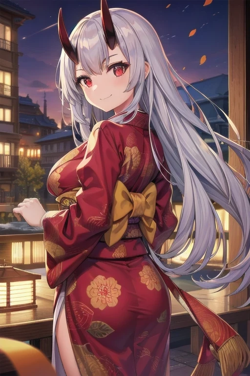 a beautiful girl with glowing red eyes, long silver hair, and oni horns, wearing a long kimono with puffy sleeves and hands behind her back, smug smile, Torino style, 1girl, masterpiece, best quality