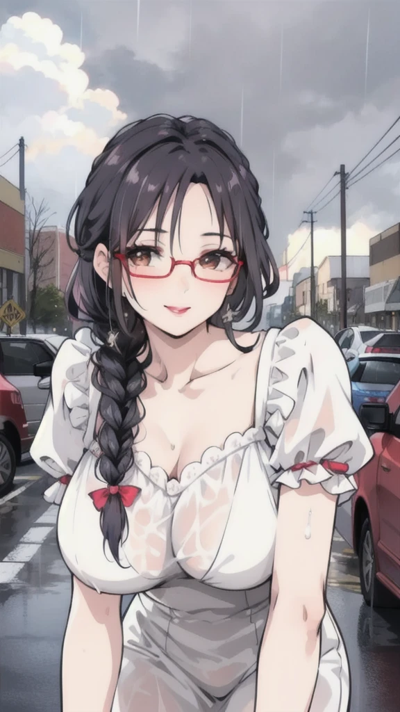 Married Woman，Mature，Sexy，beauty，side braid，Black Hair，The face is detailed，lipstick，Face red，rain，Soaked all over，White dress，Revealing，cloudy day，PARKING LOT，Smile，red glasses