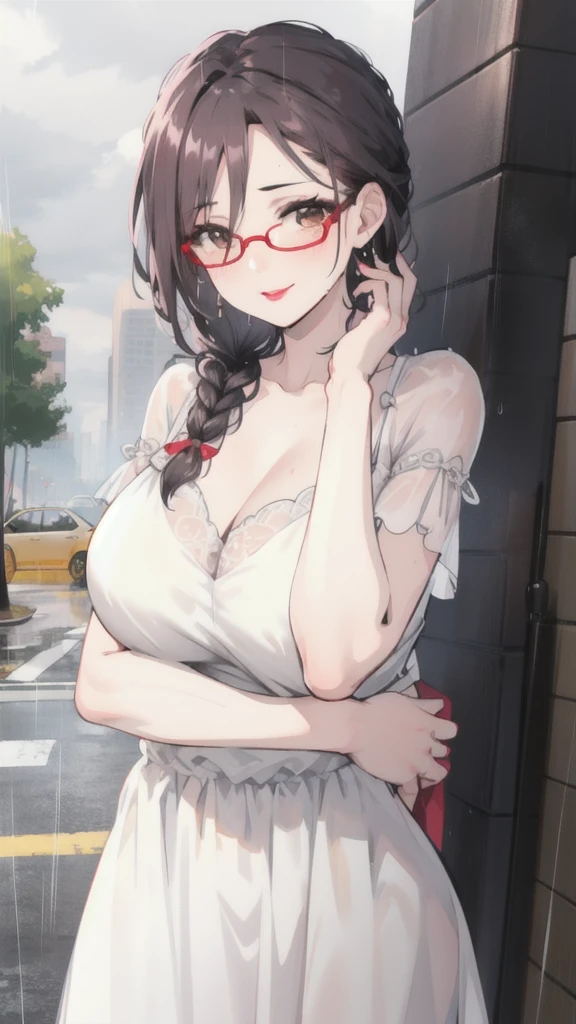 Married Woman，Mature，Sexy，beauty，side braid，Black Hair，The face is detailed，lipstick，Face red，rain，Soaked all over，White dress，Revealing，cloudy day，PARKING LOT，Smile，red glasses