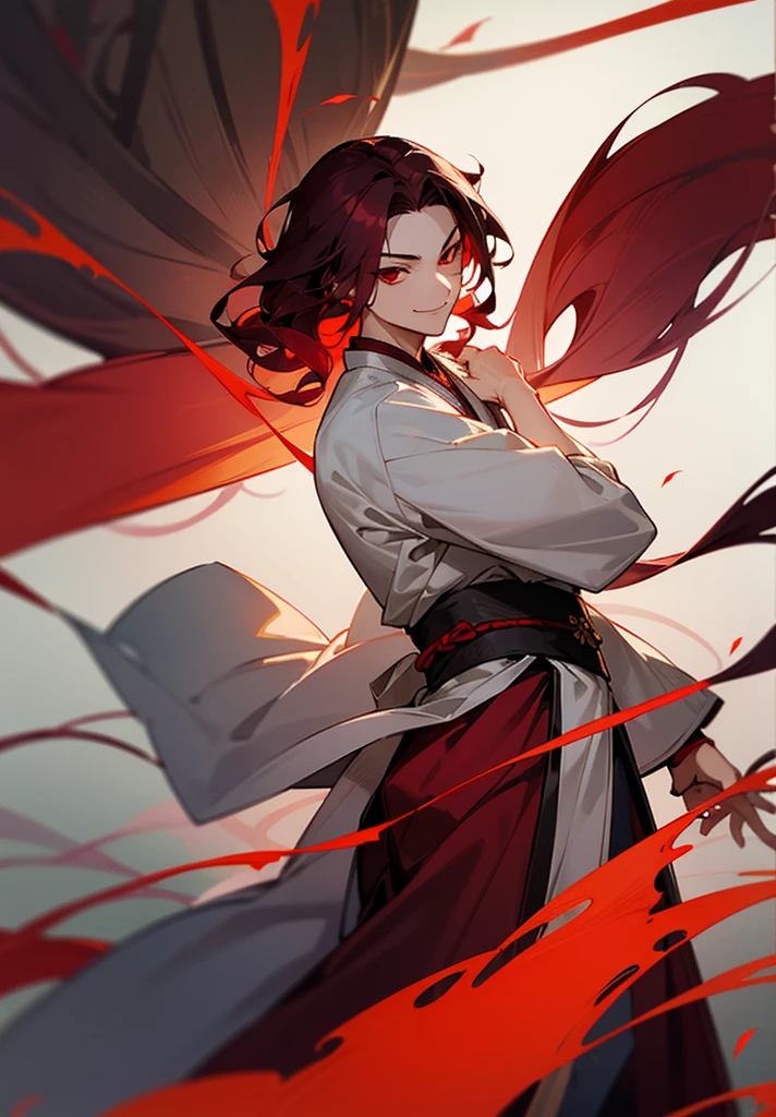 1male, ancient Chinese youth, gray Hanfu, red eyes, flowing curly long dark burgundy hair, smirk. Half of the Hanfu has designs on it.