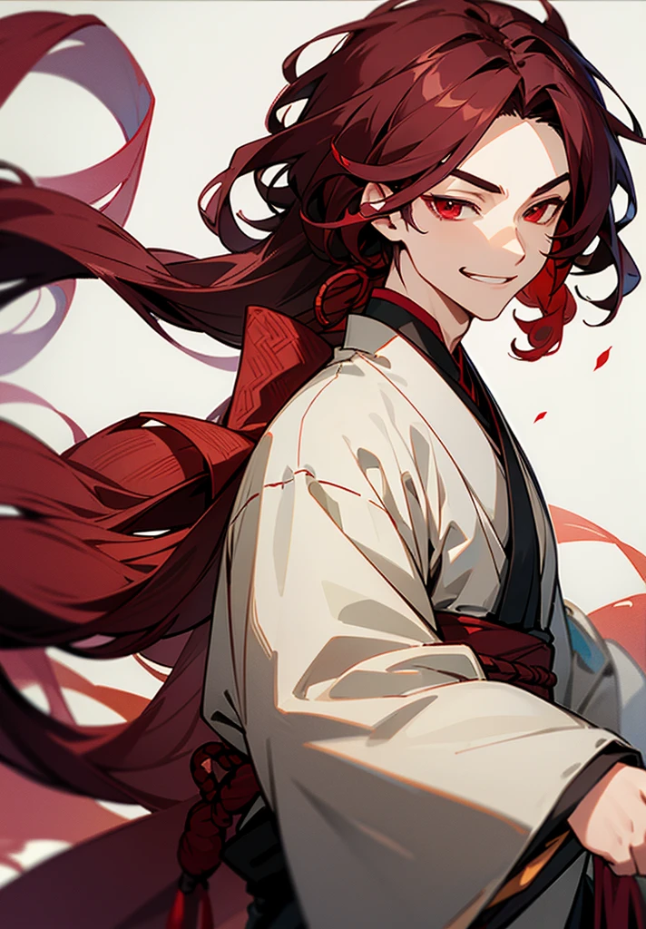 1male, ancient Chinese youth, gray Hanfu, red eyes, flowing curly long dark burgundy hair, smirk. Half of the Hanfu has designs on it.