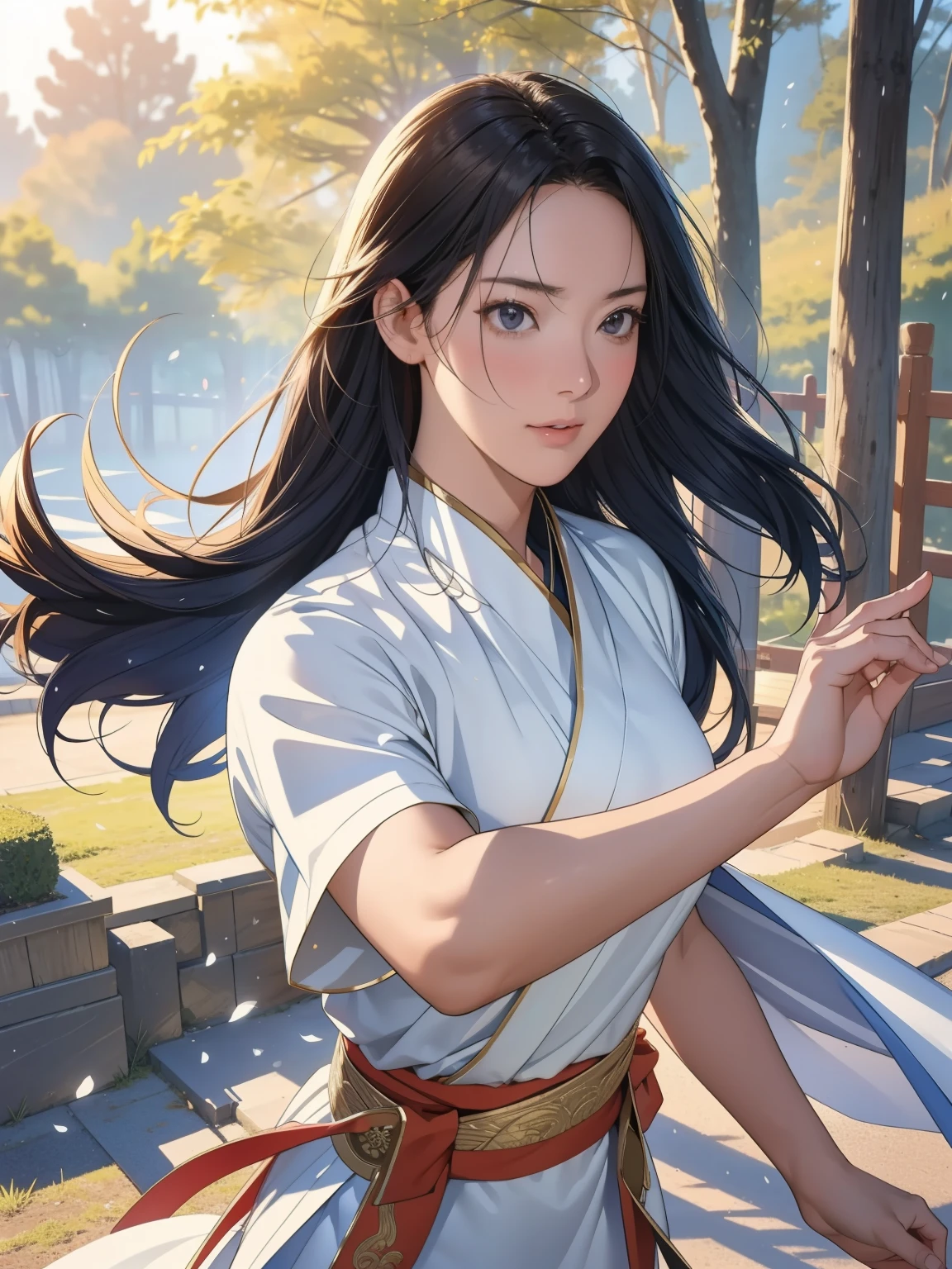 professional, High-quality photos, 4K resolution, Photography-Portrait-Realistic Style Female Warrior，Delicate face，Elegant posture，Long hair flutters in the wind，Dressed in gorgeous martial arts costumes。Holding a sword shining with cold light，dancing in the air，The movements are fluid and free。Delicate face，The eyes are firm and confident。The background is a quaint courtyard or forest，Create an atmosphere of ancient martial arts world。The picture uses natural light，High-definition real texture，Show the heroic posture of the female swordsman dancing with swords。