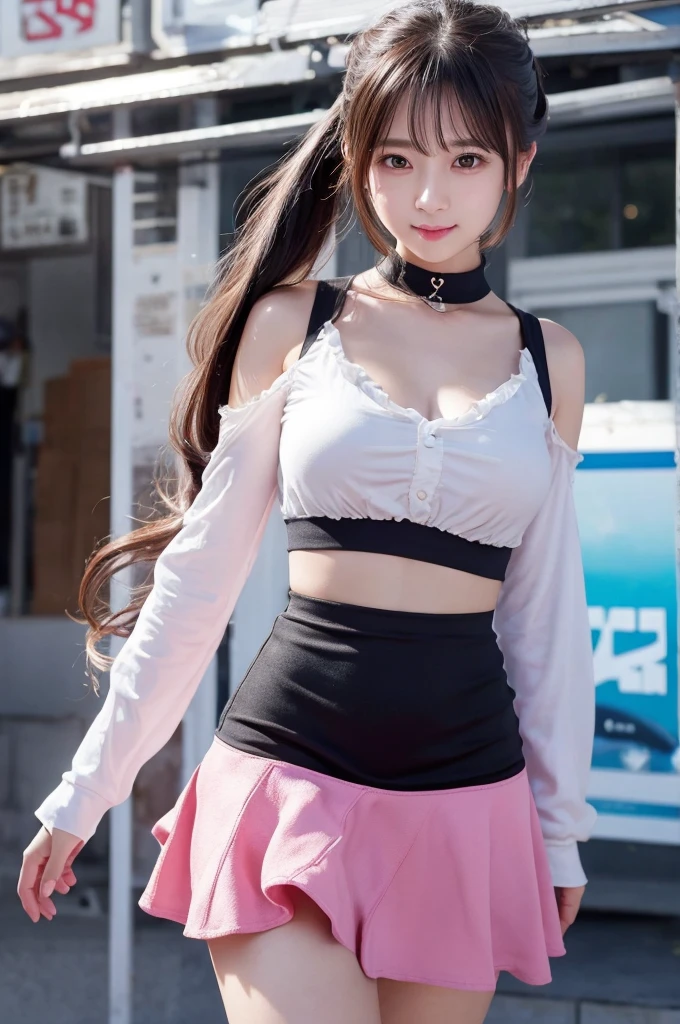 highest quality、8k Masterpiece、超A high resolution、(Photorealistic:1.3)、RAW Photos、1 girl、Black hair in a ponytail、Glowing Skin、1. Super-beautiful Cyberpunk Soldiers、((Ultra-Realistic Details))、Portrait、Global Illumination、Shadow、Octane Rendering、8k、Super sharp、Beautiful breasts、Metal、Cold colors、、Very intricate details、Realistic Light、CGSoation Trend、Beautiful Eyes、Shining Eyes、To the camera、Neon Details、16age、Long hair fluttering in the wind、Obscene、wide shot、full body、Silver charm on the ankle、smile、Young body shape、未来的なIdol衣装、Cosplay、A little sexy、Moe、very cute、cute、pure、virgin、love、Idol、shocking pink、mini skirt、Frills