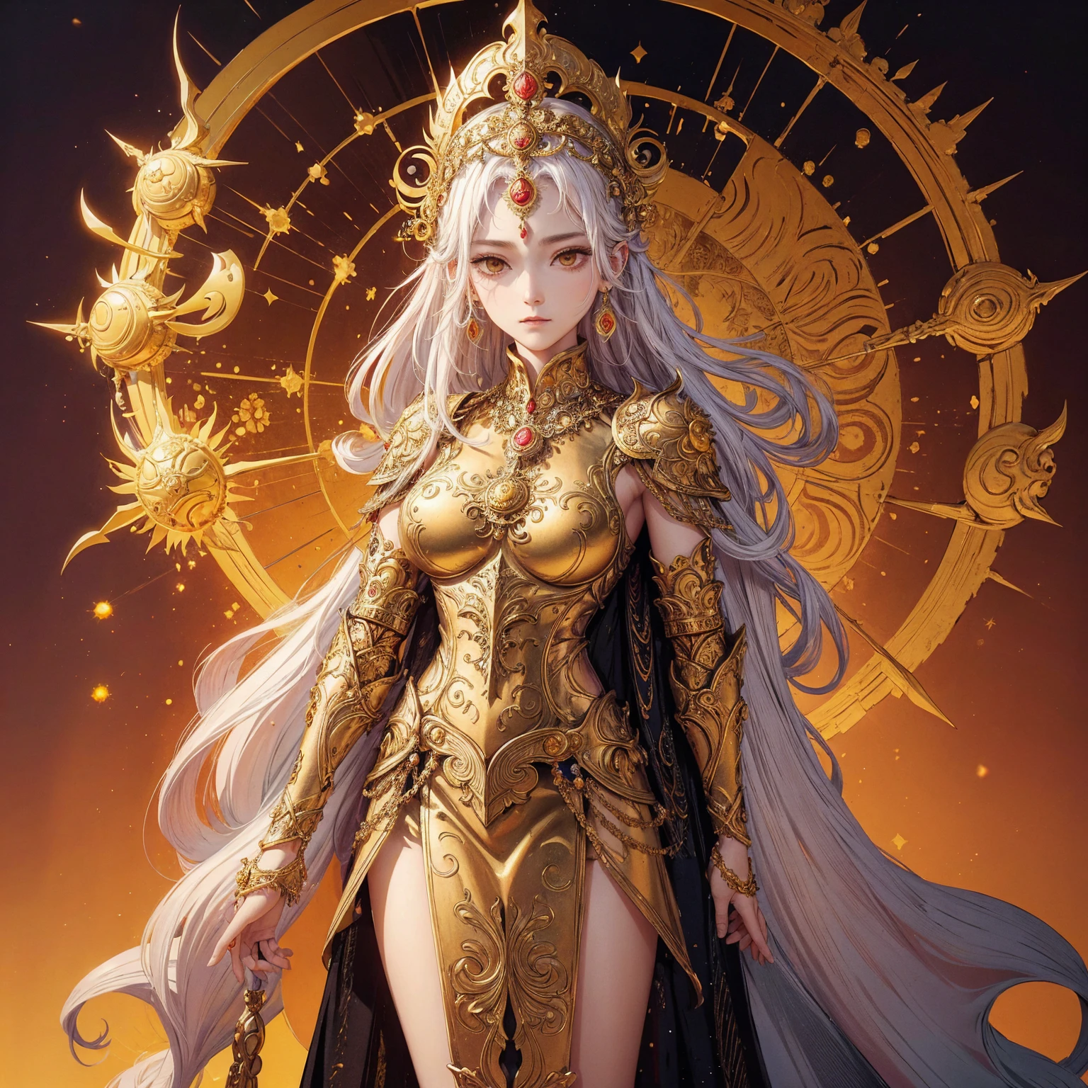 Art of woman wearing sun crown and ornate breastplate, ancient goddess art, Sacredness. Very detailed, Mysterious inspiration, Inspiration from the Sun God, Religious inspiration, Cold and snobbish face, condescending attitude, Standing, Full body portrait