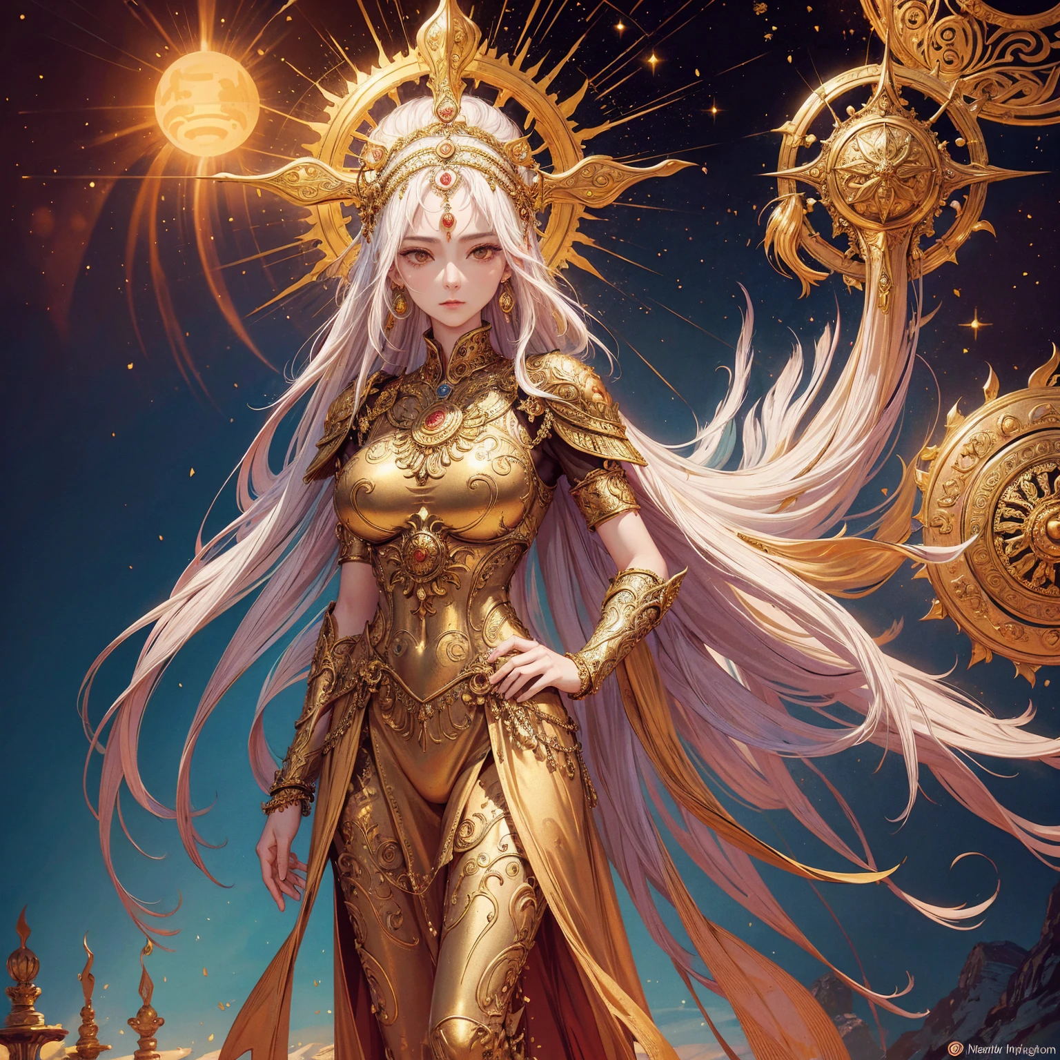 Art of woman wearing sun crown and ornate breastplate, ancient goddess art, Sacredness. Very detailed, Mysterious inspiration, Inspiration from the Sun God, Religious inspiration, Cold and snobbish face, condescending attitude, Standing, Full body portrait