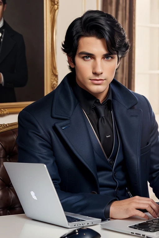 tmasterpiece, beste-Qualit, 1boy, aristocrat, professional portraite of a, upper-body, navy blue coat, professional hairstyle , black  hair, smirk, Sits, brown pupils, white professional background, laptop and high quality mic with all equipment 