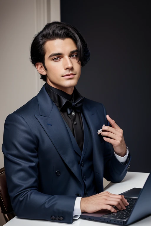 tmasterpiece, beste-Qualit, 1boy, aristocrat, professional portraite of a, upper-body, navy blue coat, professional hairstyle , black hair, smirk, Sits, brown pupils, white professional background, laptop and high quality mic with all equipment