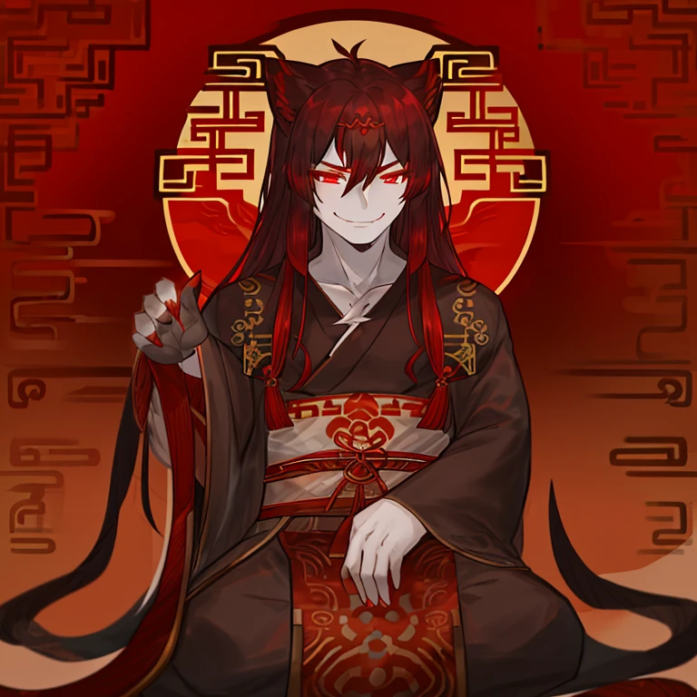 one male, ancient Chinese youth, dark-gray Hanfu, red eyes, flowing curly long dark burgundy hair, smirk. Half of the Hanfu has designs on it. novel