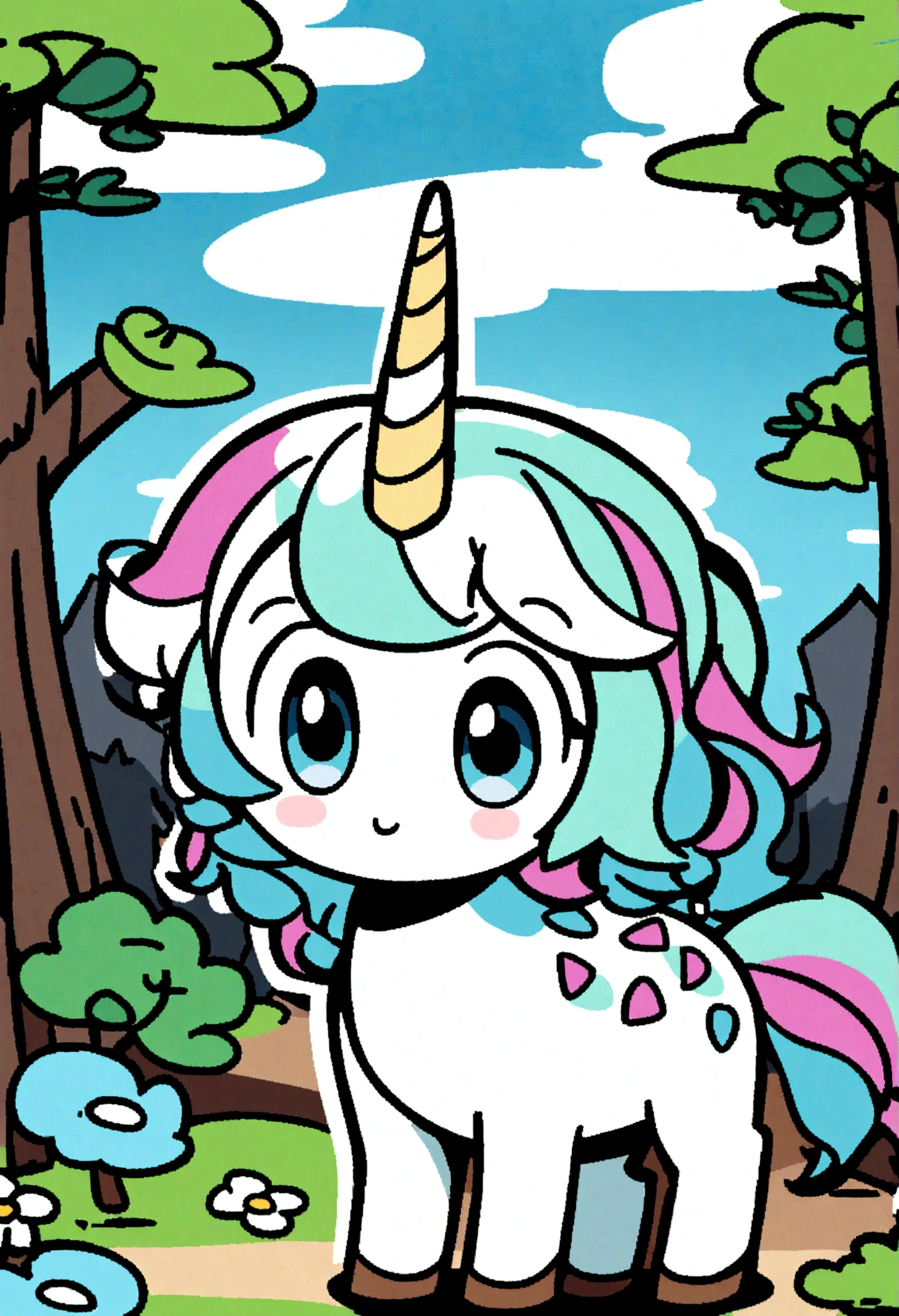 unicorn standing in the wood with big eyes. clean line thin art, sketch style, cartoon style, vector, high quality black and white art coloring page for ???. only use outline. 8k hd ultra