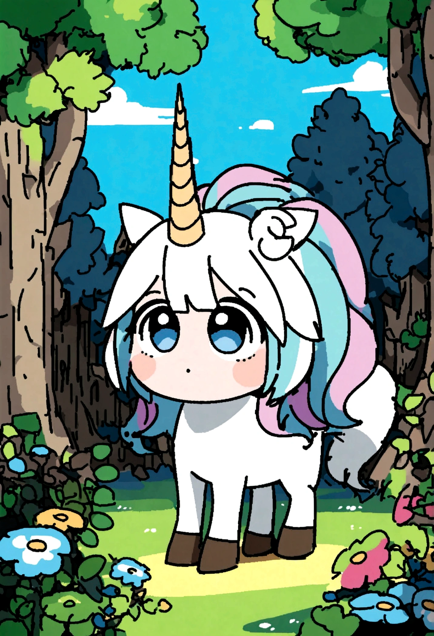 unicorn standing in the wood with big eyes. clean line thin art, sketch style, cartoon style, vector, high quality black and white art coloring page for kid. only use outline. 8k hd ultra