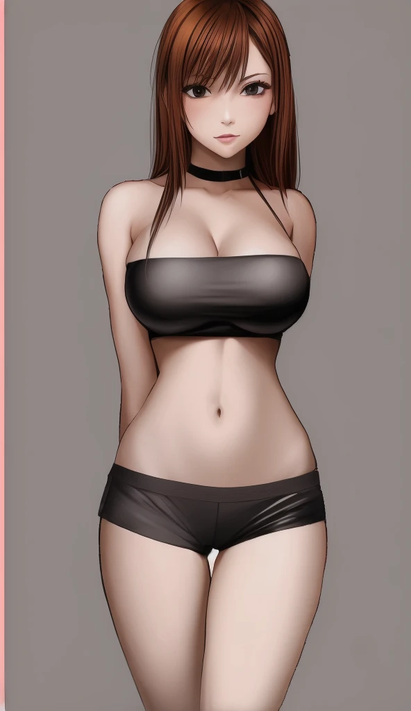 A beautiful woman with big breasts and beautiful legs is standing with her legs spread apart in a black navel-baring tube top and black hot pants that look like panties.。