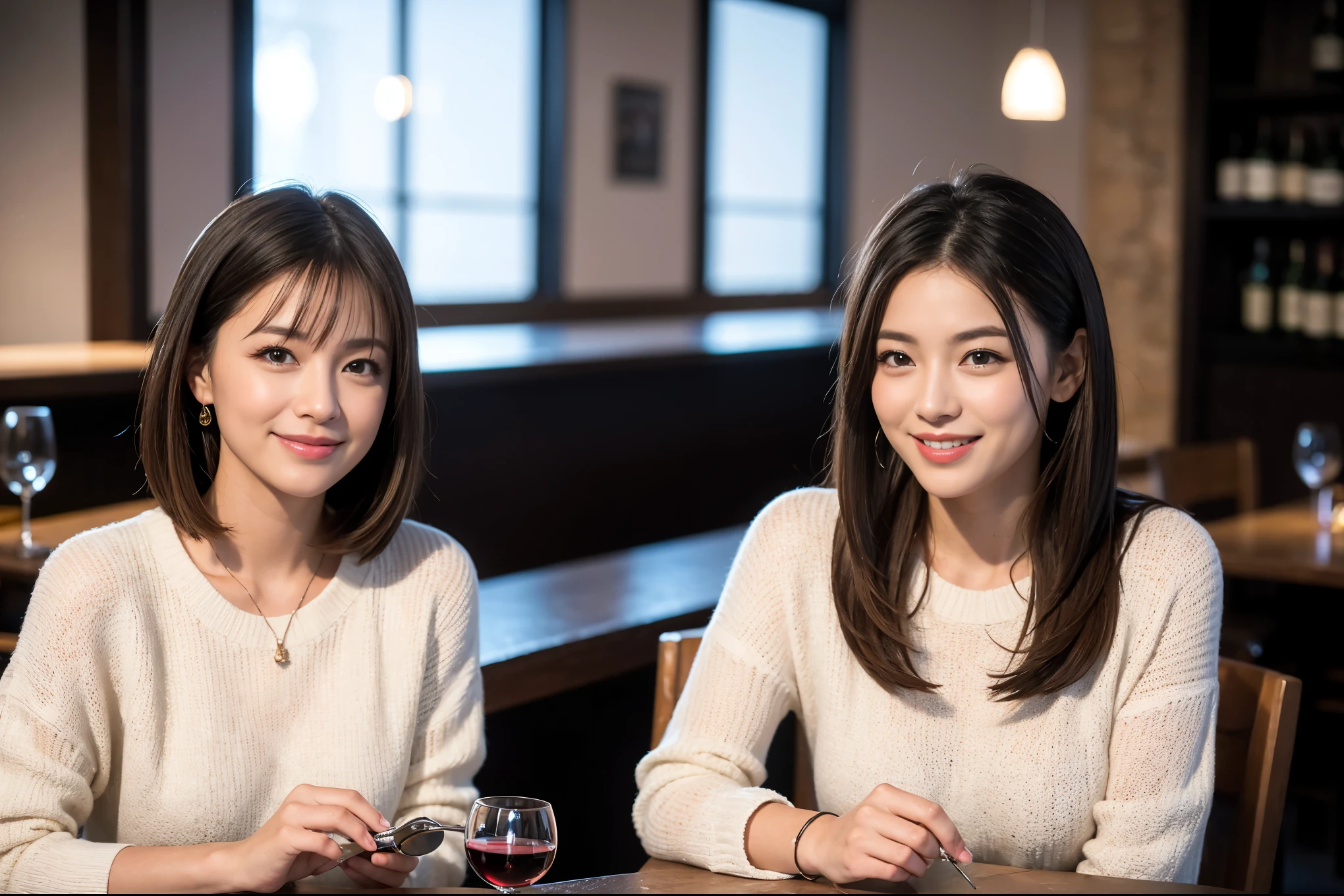 ((highest quality、8k、masterpiece:1.3))、beauty、1 male 1 female、Beautiful couple、lover、spouse、Handsome Men and Beautiful Women、Spouse、The body is slim、((Bob Hale、Straight hair:1.2)), (Realistic, Intricate details:1.2), full-course dinner,テーブルの上のwine glass、Shine light on your face、 Amazing view of the sunset sky and clouds、A bright smile、The wonderfulness of smile、Bright image、The beauty of wine, Beautiful Face, blue eyes, The light shines on your face, Blushing, short hair,Bright Face、 (42 years old), 39 years old, red wine 、Appetizers、Italian food、Wine bottle、Champagne、sparkling wine、Two beauties、Brown Hair、Shortcuts、Long sleeve shirt、dress、Pretty Woman 1, (slimな顔), (The body is slim), (Brown Hair), (Shortcuts), cheeks turn a little red,Attractive beauty、restaurant, In a prominent place (From the waist up) Nova Frog Style, actress, model, Upper Body, White wine, slim, wine glass, A wine glass placed in the center, smile, (smile: 1.15), Beautiful fine grain, Depth f/2,saturation, High Contrast, Strong light and shadow,Moist Body:1.5、3D texture、Delicate eyes、Brown Hair、The hair is very shiny、