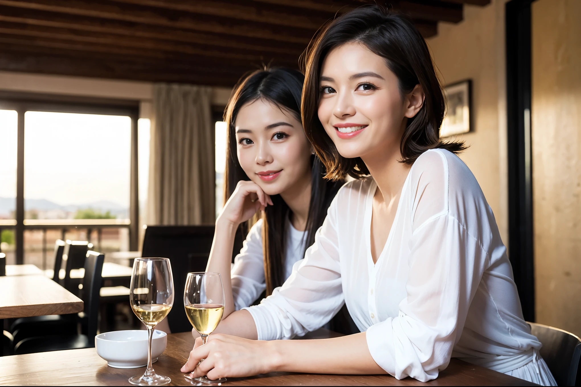 ((highest quality、8k、masterpiece:1.3))、beauty、1 male 1 female、Beautiful couple、lover、spouse、Handsome Men and Beautiful Women、Spouse、The body is slim、((Bob Hale、Straight hair:1.2)), (Realistic, Intricate details:1.2), full-course dinner,テーブルの上のwine glass、Shine light on your face、 Amazing view of the sunset sky and clouds、A bright smile、The wonderfulness of smile、Bright image、The beauty of wine, Beautiful Face, blue eyes, The light shines on your face, Blushing, short hair,Bright Face、 (42 years old), 39 years old, red wine 、Appetizers、Italian food、Wine bottle、Champagne、sparkling wine、Two beauties、Brown Hair、Shortcuts、Long sleeve shirt、dress、Pretty Woman 1, (slimな顔), (The body is slim), (Brown Hair), (Shortcuts), cheeks turn a little red,Attractive beauty、restaurant, In a prominent place (From the waist up) Nova Frog Style, actress, model, Upper Body, White wine, slim, wine glass, A wine glass placed in the center, smile, (smile: 1.15), Beautiful fine grain, Depth f/2,saturation, High Contrast, Strong light and shadow,Moist Body:1.5、3D texture、Delicate eyes、Brown Hair、The hair is very shiny、