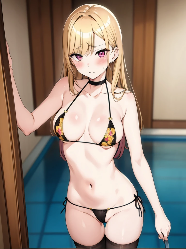 masutepiece, Detailed, Best Quality, Beautiful Girl, very small lace translucent bikini, Shackles, stock, Troubled face, big pool (prison), blonde sexy girl 1girl in, marin kitagawa character, blonde female, Blunt bangs, Big breasts, Amused expression, Looking at Viewer, big butt, mature body, very big , dark pink eyes, small thong, erotic pose, big butt, full body picture, cameltoe, lace lingerie