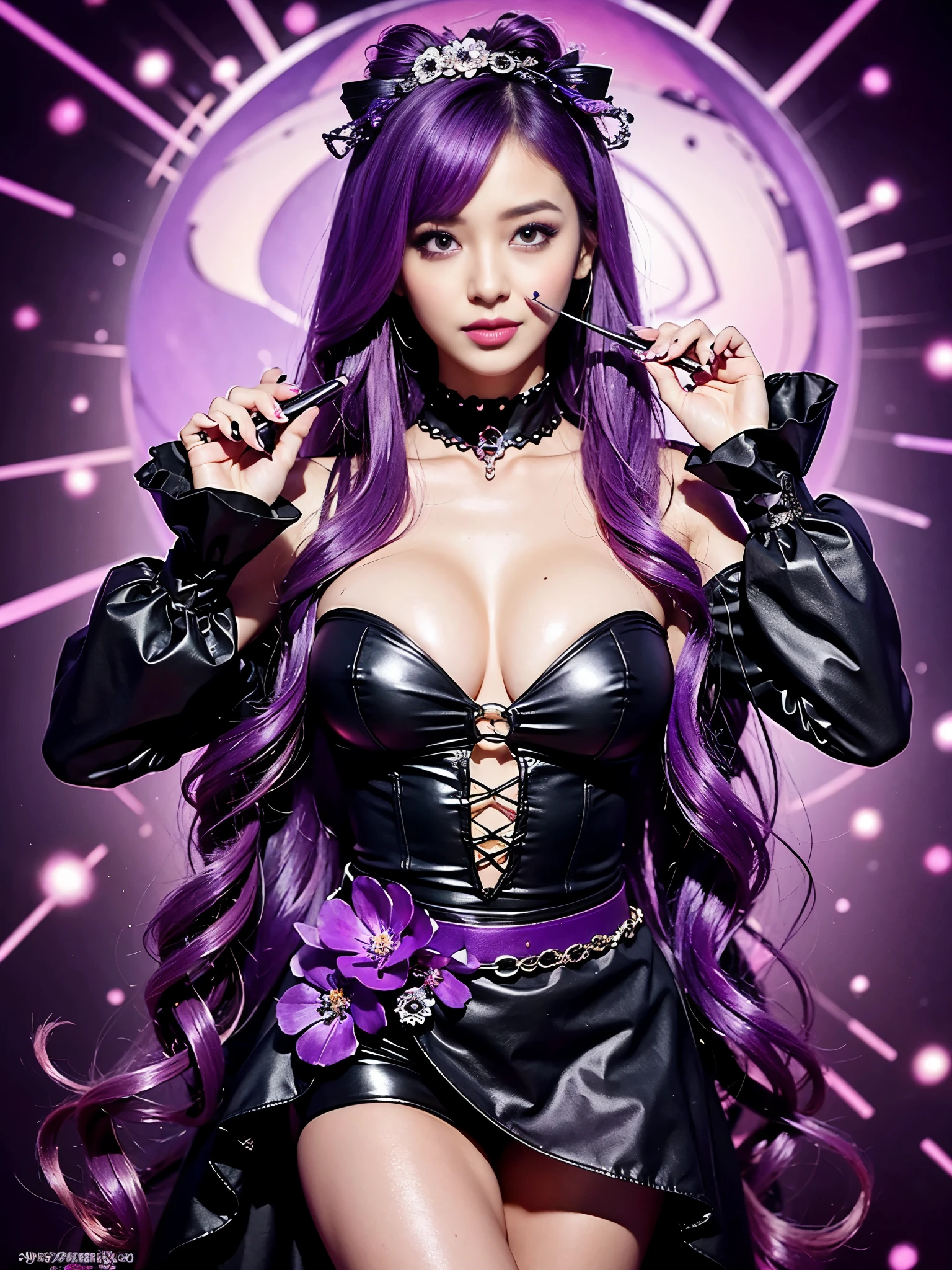 ultra realistic girl who controls poison, halloween, goth, gyaru, lip-gloss, gothic makeup, purple flowing hair, sparkling poisoned flower costume、、、、secrete poison, skull hair accessoires, sweet and sexy, seductive pose, shy, smile, flowers background