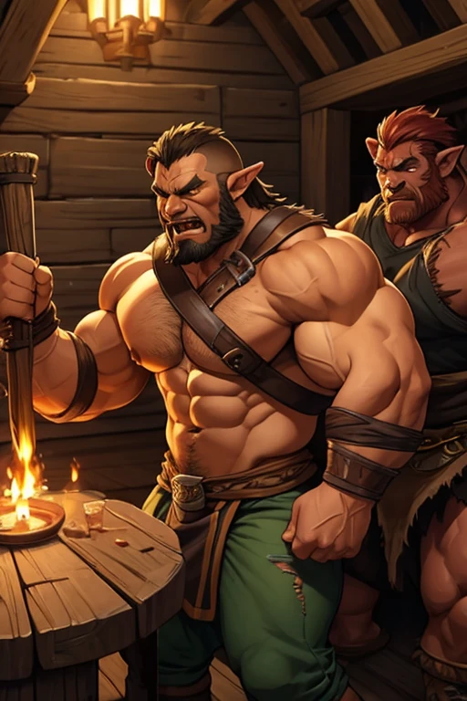 Drunk dazed men drinking tankards of ale in a medieval tavern grow out of their clothes and turn into Orcs as an Orc bard plays a hypnotic beat on his drum. Human face. Big biceps. Big triceps. Big traps. Broad shoulders. Thick meaty pecs. Swollen glutes. Hyper muscle. Slumped shoulders. Dazed drunk expression. Teeth to tusks. Skin turning green in patches. warband. Warrior. loin cloth. torn clothes. Human to orc. transformation conversion. Assimilation. "I ... I want to ... Me want FIGHT!" Flexing muscles. Wrestling. Broken tables. Tavern brawl. Barbarian. Thug. Hyper crotch bulge. Big bulging crotch. crass. Fight. Brawl. Warrior. Barbarian. Bahgtru. Dumber and dumber. Meathead.