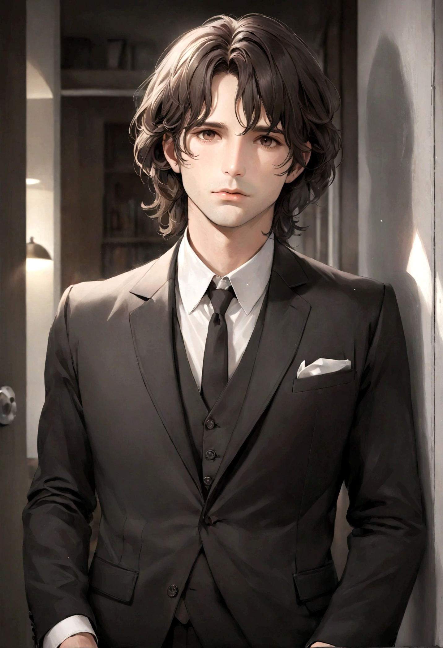 (traje de etiqueta para hombre), ), (con poca barba,) (ojos color cafe claro), Aspecto atractivo y serio, Dark brown hair, Elegante y con estilo, Un hombre similar al actor Jim Morrison, (Imagen realista y de alta calidad), Apartamento escandinavo en el fondo estilo estudio, ((La mejor calidad, 8K, obra maestra).((dynamic pose))