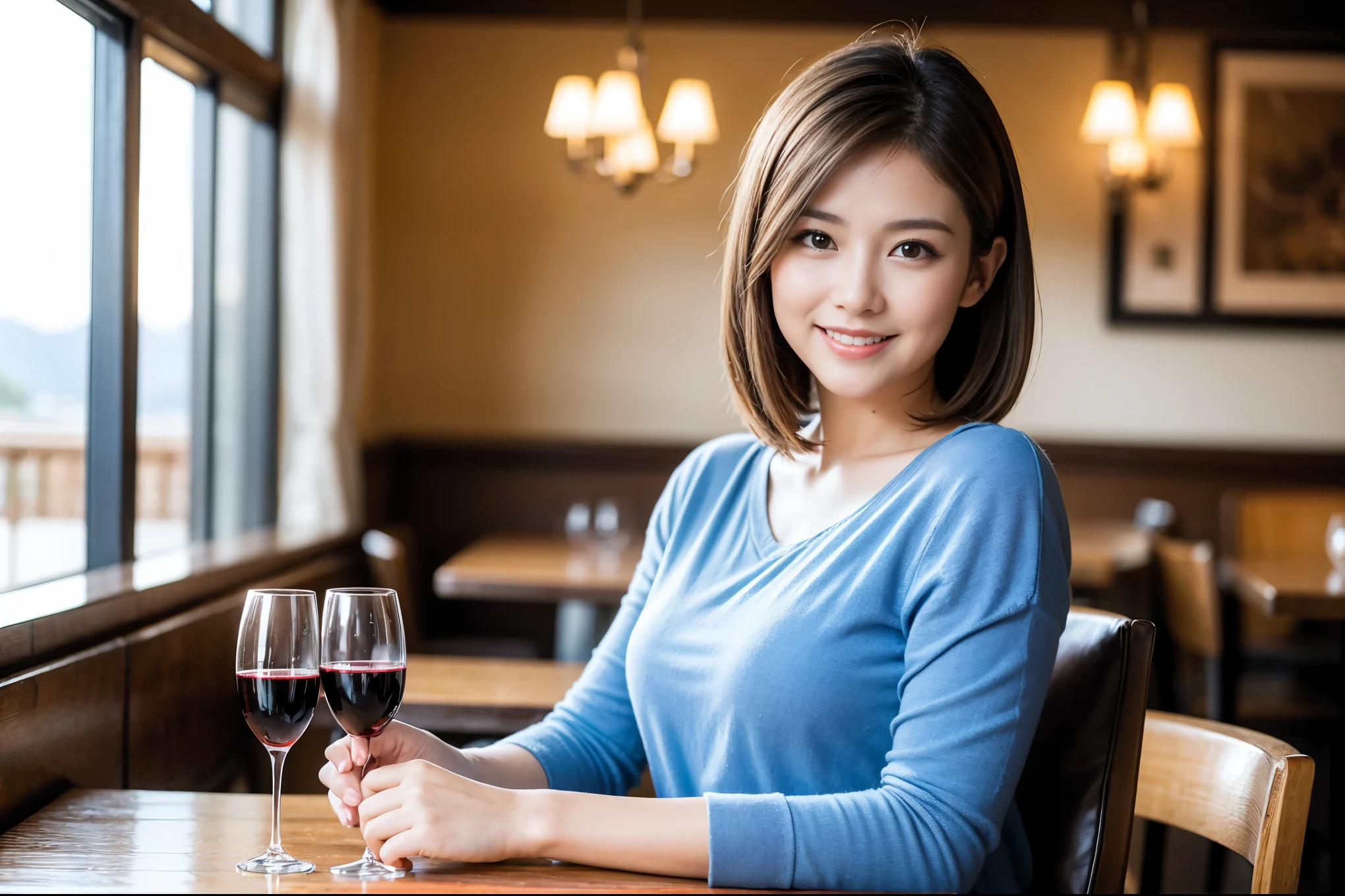 ((highest quality、8k、masterpiece:1.3))、Ray Dan looklike beauty、1 male1 female、Couple、lover.Spouse、half、The body is slim、((Bob Hale、Straight hair:1.2)), (Realistic, Intricate details:1.2), Wine glass on the table、Shine light on your face、 Amazing view of the sunset sky and clouds、Amazing mountain views、A bright smile、The wonderfulness of smile、Bright image、The beauty of wine, Beautiful Face, blue eyes, The light shines on your face, Blushing, short hair,Bright Face、 (Age 42), 39years old, red wine 、Appetizers、Italian food、Wine bottle、Champagne、sparkling wine、Two beauties、Brown Hair、Shortcuts、Long sleeve shirt、dress、Pretty Woman 1, (Slim face), (The body is slim), (Brown Hair), (Shortcuts), cheeks turn a little red,Attractive beauty、restaurant, In a prominent place (From the waist up) Nova Frog Style, actress, model, Upper Body, White wine, slim, wine glass, A wine glass placed in the center, smile, (smile: 1.15), Beautiful fine grain, Depth f/2,saturation, High Contrast, Strong light and shadow,Moist Body:1.5、3D texture、Delicate eyes、Brown Hair、The hair is very shiny、