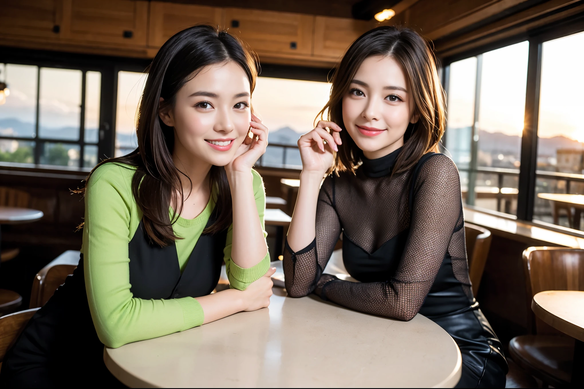 ((highest quality、8k、masterpiece:1.3))、Ray Dan looklike beauty、1 male1 female、Couple、lover.Spouse、half、The body is slim、((Bob Hale、Straight hair:1.2)), (Realistic, Intricate details:1.2), Wine glass on the table、Shine light on your face、 Amazing view of the sunset sky and clouds、Amazing mountain views、A bright smile、The wonderfulness of smile、Bright image、The beauty of wine, Beautiful Face, blue eyes, The light shines on your face, Blushing, short hair,Bright Face、 (Age 42), 39years old, red wine 、Appetizers、Italian food、Wine bottle、Champagne、sparkling wine、Two beauties、Brown Hair、Shortcuts、Long sleeve shirt、dress、Pretty Woman 1, (Slim face), (The body is slim), (Brown Hair), (Shortcuts), cheeks turn a little red,Attractive beauty、restaurant, In a prominent place (From the waist up) Nova Frog Style, actress, model, Upper Body, White wine, slim, wine glass, A wine glass placed in the center, smile, (smile: 1.15), Beautiful fine grain, Depth f/2,saturation, High Contrast, Strong light and shadow,Moist Body:1.5、3D texture、Delicate eyes、Brown Hair、The hair is very shiny、