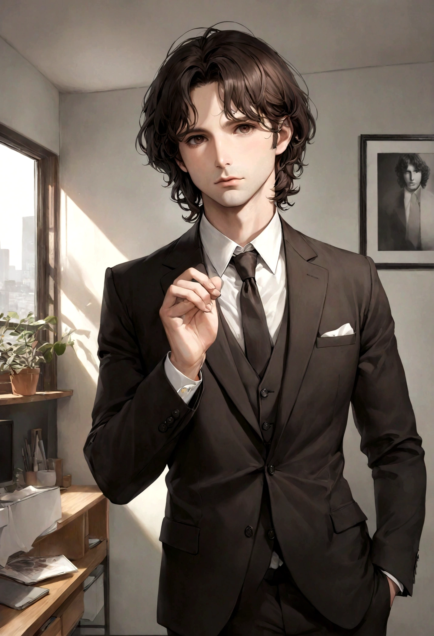 (traje de etiqueta para hombre), ), (con poca barba,) (ojos color cafe claro), Aspecto atractivo y serio, Dark brown hair, Elegante y con estilo, Un hombre similar al actor Jim Morrison, (Imagen realista y de alta calidad), Apartamento escandinavo en el fondo estilo estudio, ((La mejor calidad, 8K, obra maestra).((dynamic pose))