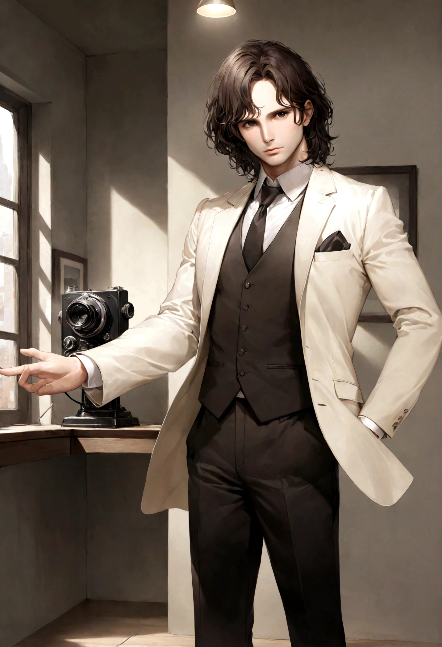 (traje de etiqueta para hombre), ), (con poca barba,) (ojos color cafe claro), Aspecto atractivo y serio, Dark brown hair, Elegante y con estilo, Un hombre similar al actor Jim Morrison, (Imagen realista y de alta calidad), Apartamento escandinavo en el fondo estilo estudio, ((La mejor calidad, 8K, obra maestra).((dynamic pose))