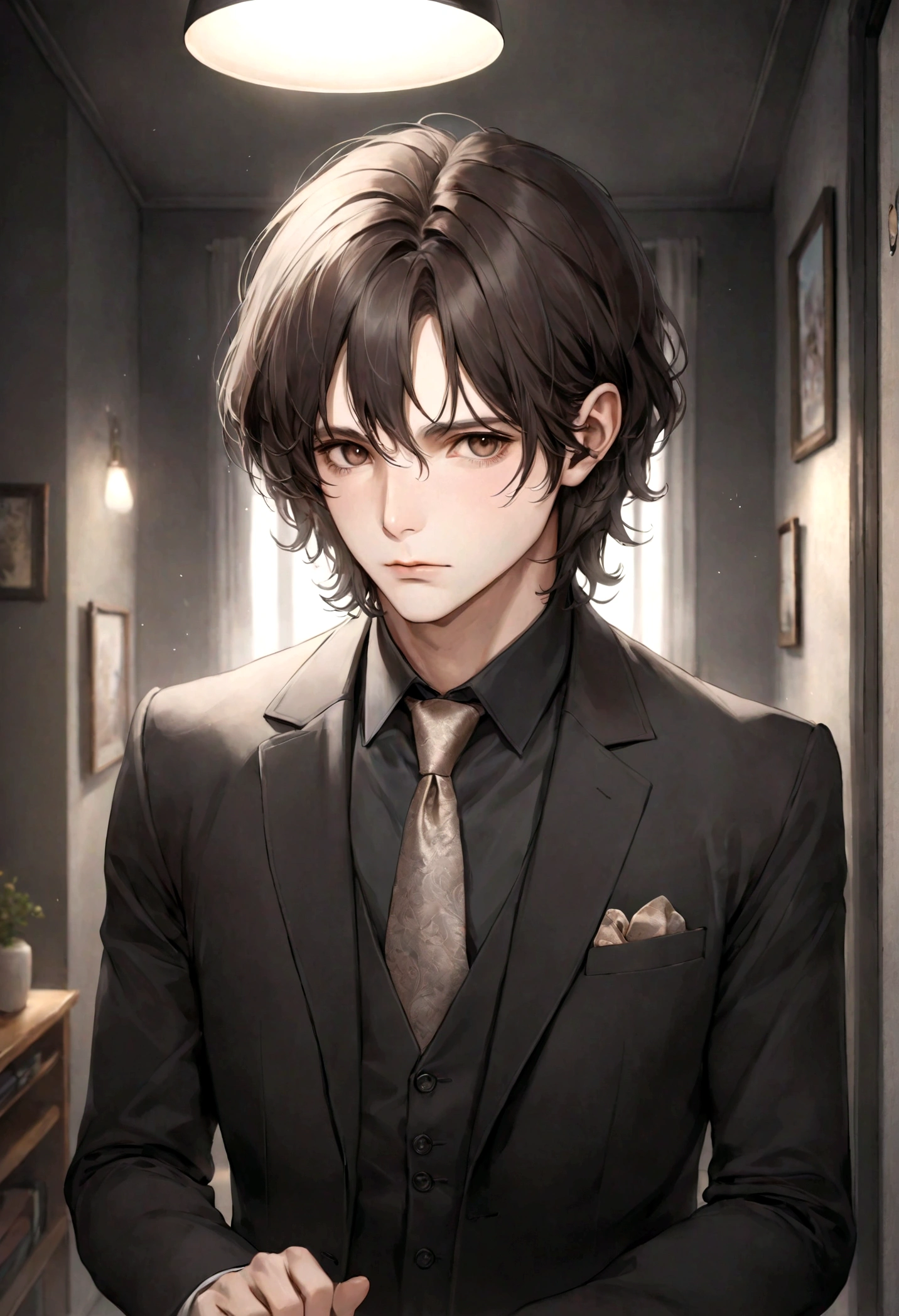 (traje de etiqueta para hombre), ), (con poca barba,) (ojos color cafe claro), Aspecto atractivo y serio, Dark brown hair, Elegante y con estilo, Un hombre similar al actor Jim Morrison, (Imagen realista y de alta calidad), Apartamento escandinavo en el fondo estilo estudio, ((La mejor calidad, 8K, obra maestra).((dynamic pose))
