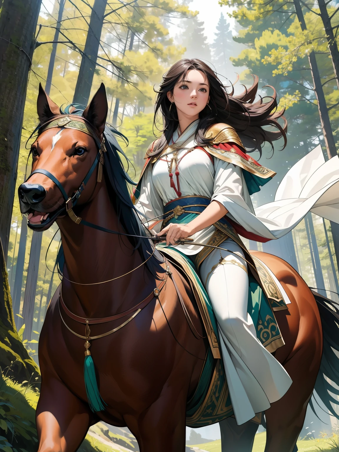 Masterpiece,HD,Photography-Portrait-Real Style,Girl in flowing ancient costume,Hand on the reins,Riding on the back of a sturdy Alaskan dog,Running in the green forest。Girl's long hair fluttering in the wind,Firm eyes,Beautiful face。The desert wind blows her skirt,The sun shines on her,Forming a warm and bright silhouette。The background is an endless desert,Sunset,The skyline is red。Use realistic style,Emphasize light and shadow effects and texture,HD细节捕捉,Show the bravery and beauty of girls。