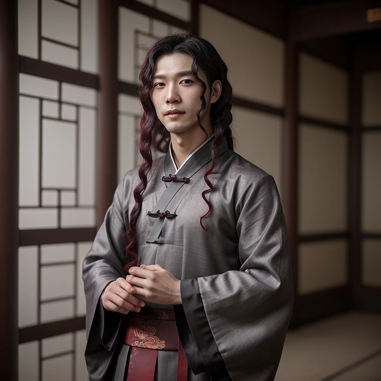 one male, ancient Chinese youth, dark-gray Hanfu, red eyes, flowing curly long dark burgundy hair, smirk. Half of the Hanfu has designs on it. novel