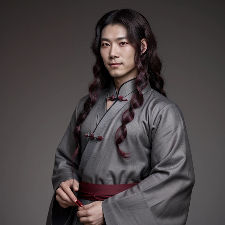 one male, ancient Chinese youth, dark-gray Hanfu, red eyes, flowing curly long dark burgundy hair, smirk. Half of the Hanfu has designs on it. novel