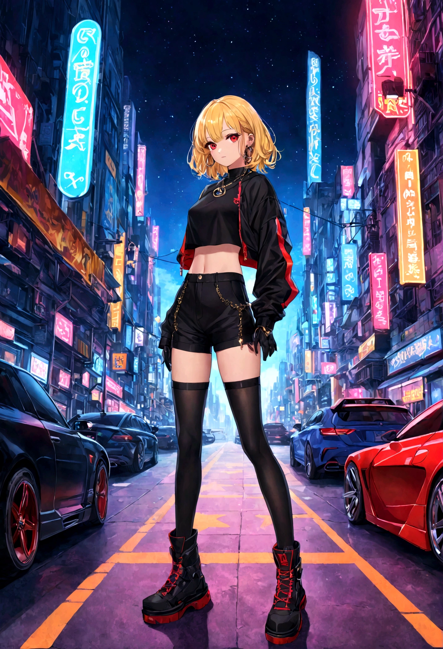 (loona:1.2), half human, futuristic girl with guns and helmet on big city avenue, golden blonde hair, ((flying car)), (loonacroptop, loonashorts, crop top, shirt, topwear, shorts, crop top, bottomwear, pentagram:1.2), stockings, legwear, fingerless gloves, ear piercing, ear ring, eyebrow piercing, eyebrow ring, (red eyes:1.5), (full-body-shot:1.2),(Cowboy-shot:1.2), neon lighting, dark romantic lighting, (highly detailed:1.2),(detailed face:1.2), (gradients), colorful, detailed eyes, (detailed landscape:1.2), (natural lighting:1.2),(detailed background), detailed landscape, (glamour pose:1.2), solo,